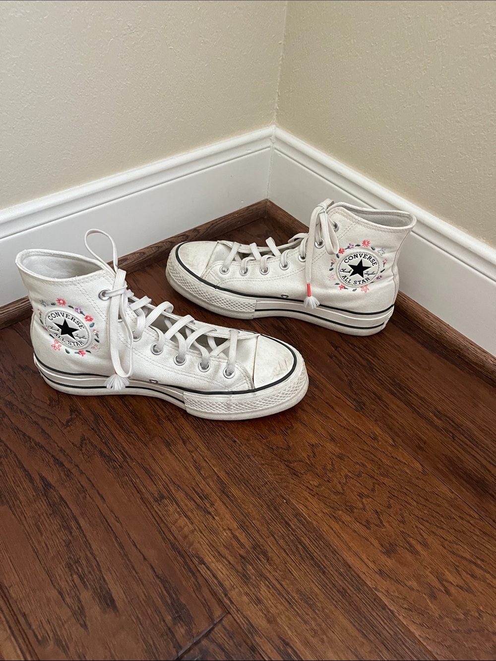 Converse White High Top Sneakers with Pink Floral Accent